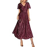 Simplee Women’s V Neck Velvet Maxi Dress Short Sleeve Empire Waist Long Formal Dress for Wedding Guest
