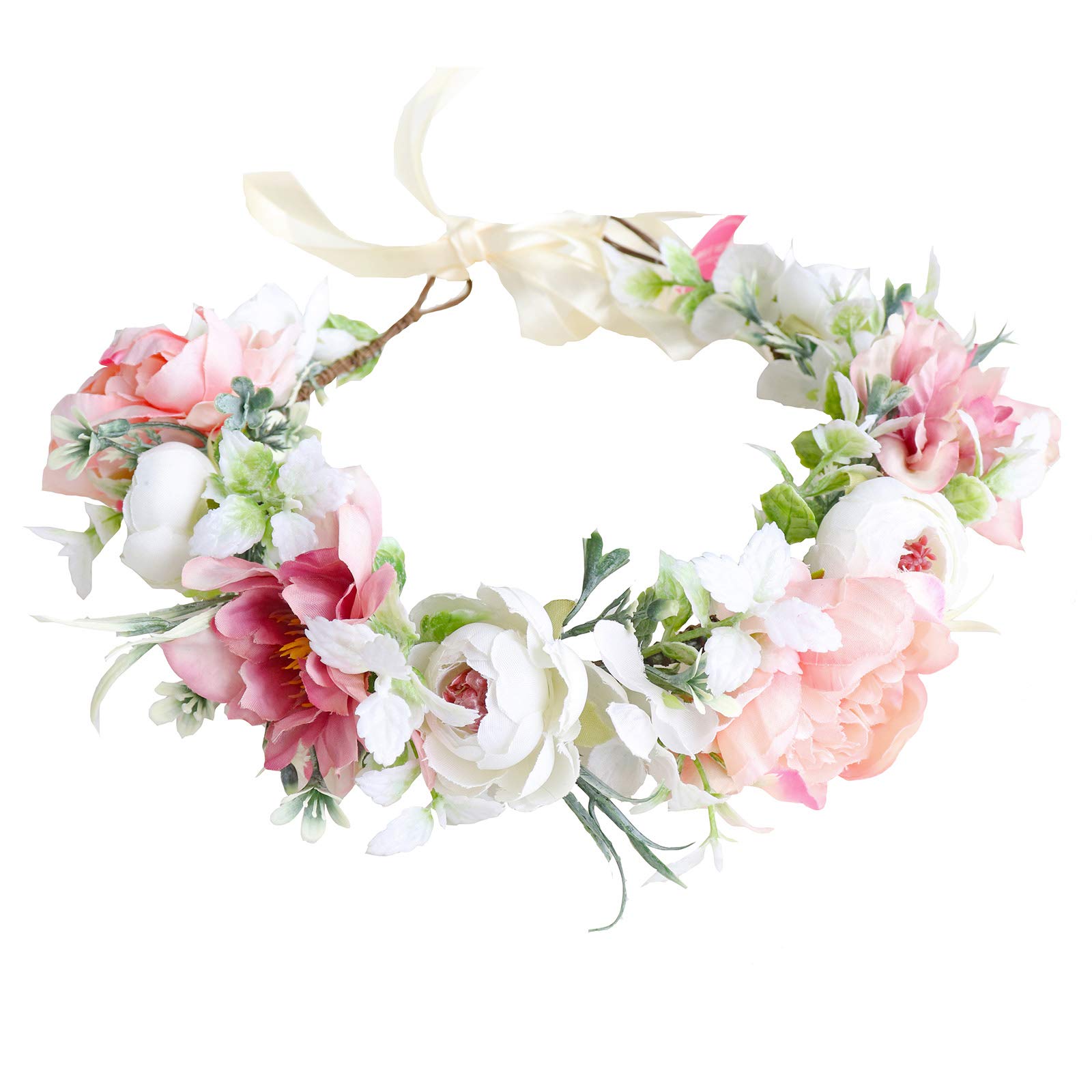 Brikuinr Flower Wreath Crown Floral Garland Headband Hair Wreath Hair Garland Flower Halo Floral Headpiece Boho with Ribbon Wedding Party Pink