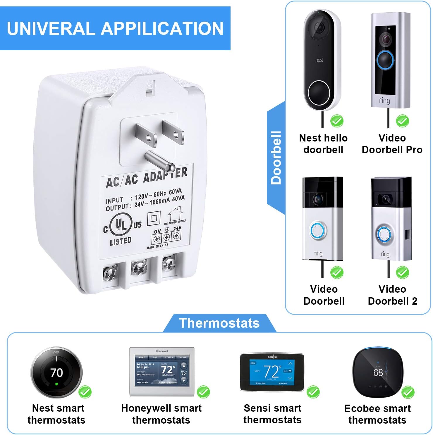 24VAC, 40 VA AC Transformer Plug in with PTC Fuse Compatible with Ring Nest Doorbell Thermostats UL Certified - - 