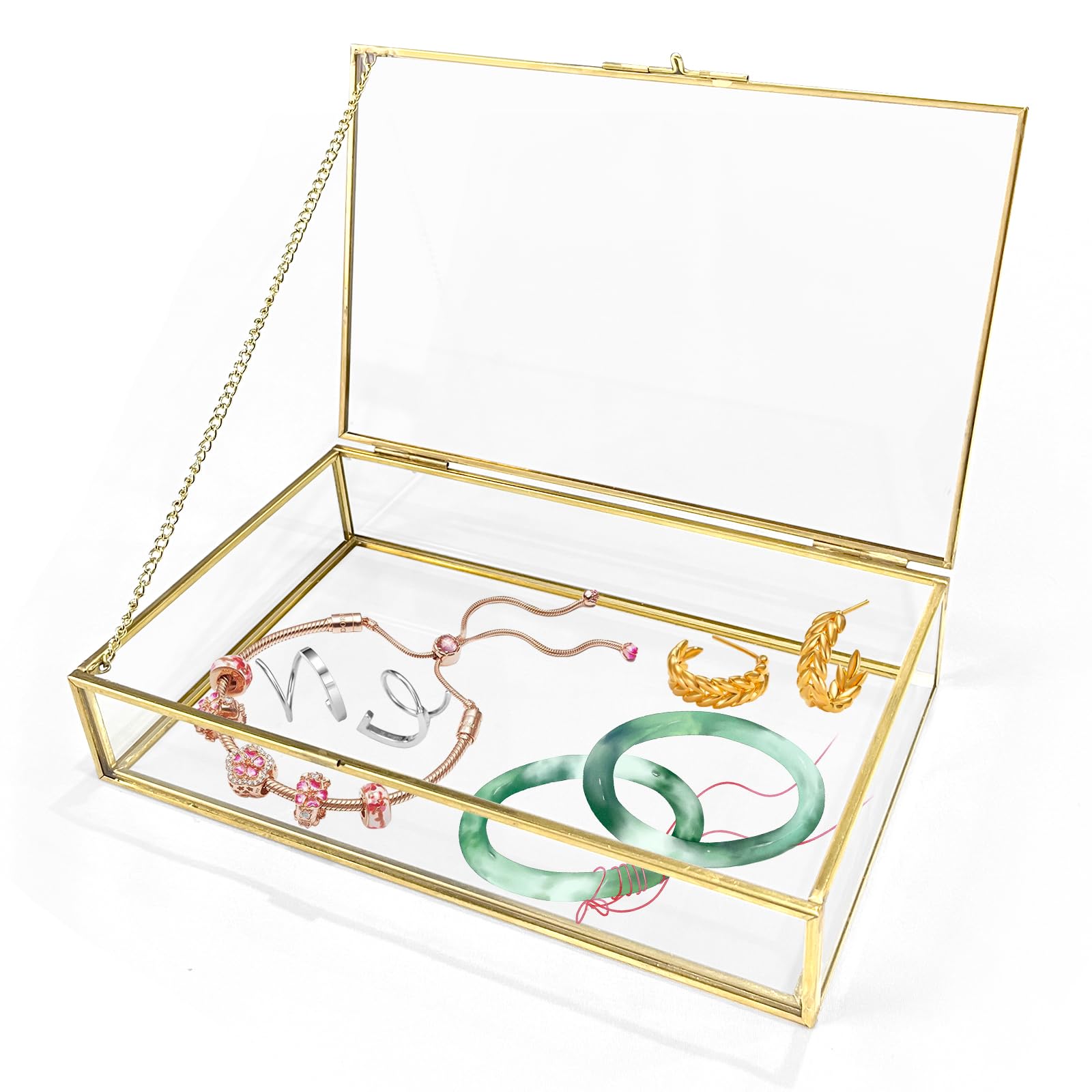 Photo 1 of Himitimi Gold Glass Jewelry Box, Vintage Glass Box with Lid with Chain Rectangle Keepsake Box Trinket Box Card Box Jewelry Display Organizer for Weddings, Events, Birthday Party(8.66x5.31x1.77in)
