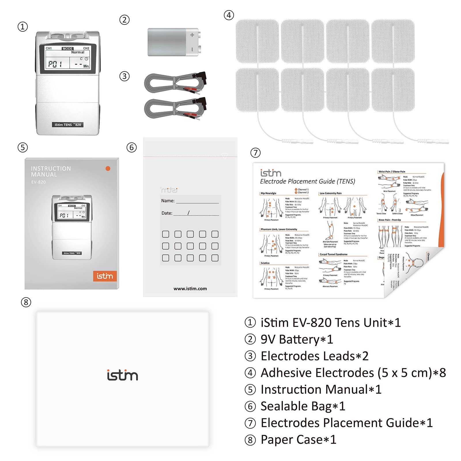 iStim Tens Unit Stimulator Machine - EV820 with 8 Electrodes Japanese Gel for Pain Management, Back Pain and Rehabilitation