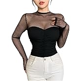OYOANGLE Women's Polka Dots Mesh Patchwork Long Sleeve Tshirts Mock Neck Ruched Fitted Tops