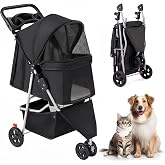 KMFurnila 3 Wheel Pet Stroller for Dogs and Cats, Foldable Design | Lightweight and Durable, Ideal for Small to Medium Pets, Includes Storage Basket and Cup Holders, Black