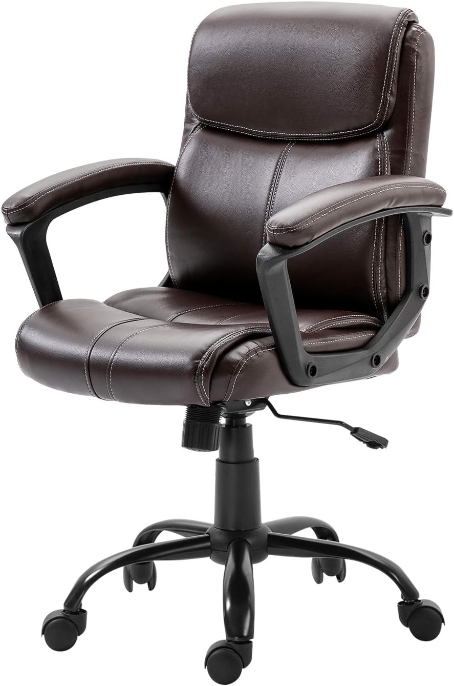 Seatingplus Medium Back Leather Executive Office Chair, Ergonomic Lumbar Support Computer Desk Chair with Adjustable Height and Sturdy Metal Legs (Brown)