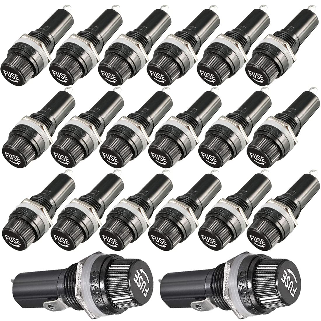 GUUZI Screw Cap Panel Mounted Fuse Holder AC 125V/15A 250V/10A Black with 5 × 20mm Glass Fuse Holder(20 Set)