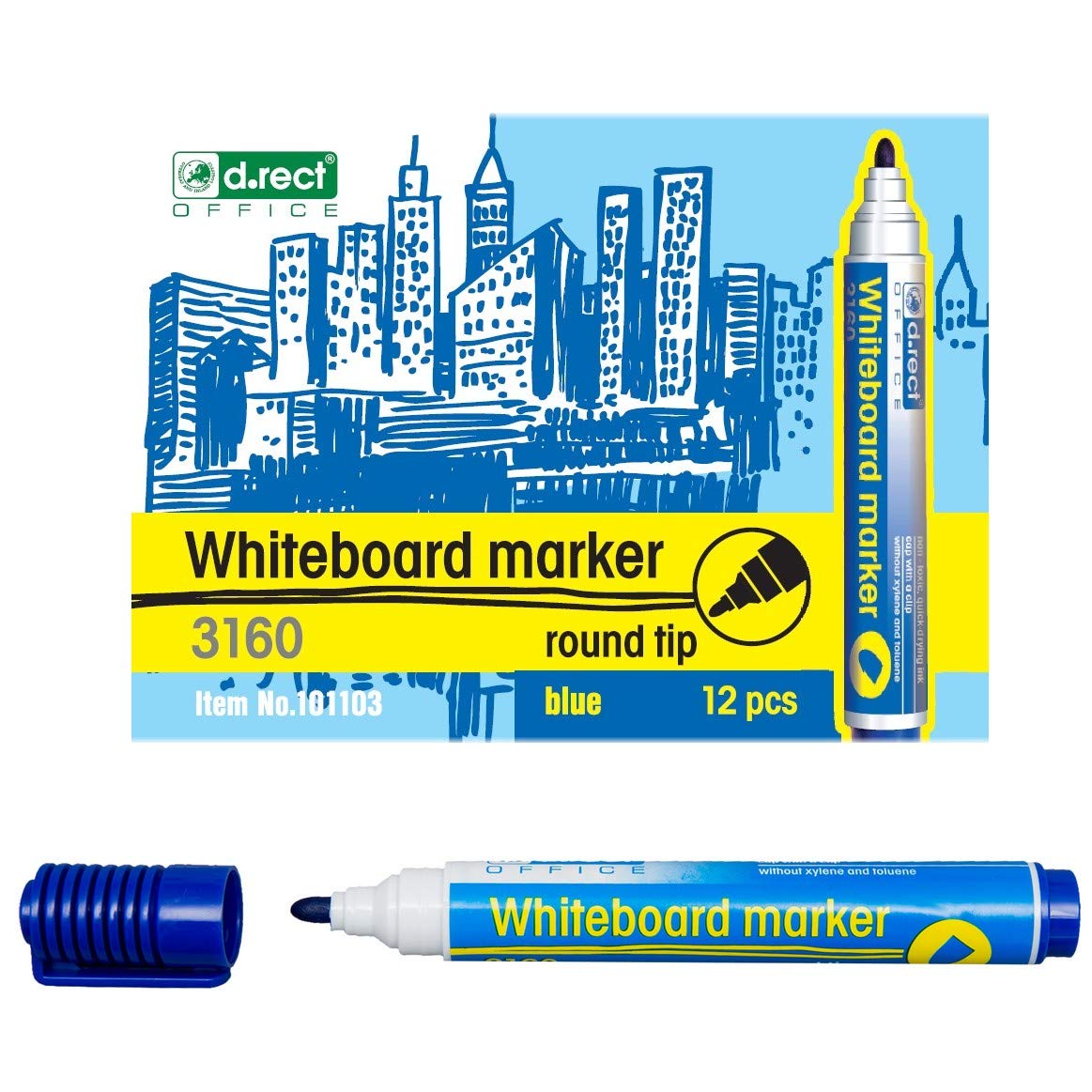 D.RECT 3160 Whiteboard Marker for Whiteboards and Flipcharts, Wipe Clean Glass Board Marker Bullet Tip Black x 12