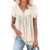POPYOUNG Women's Summer Tops Short Sleeve Tunic Loose Fitting Henley Shirts Button Down Blouses