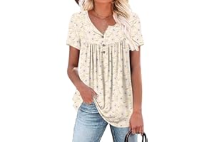POPYOUNG Women's Summer Tops Short Sleeve Tunic Loose Fitting Blouses Henley Shirts