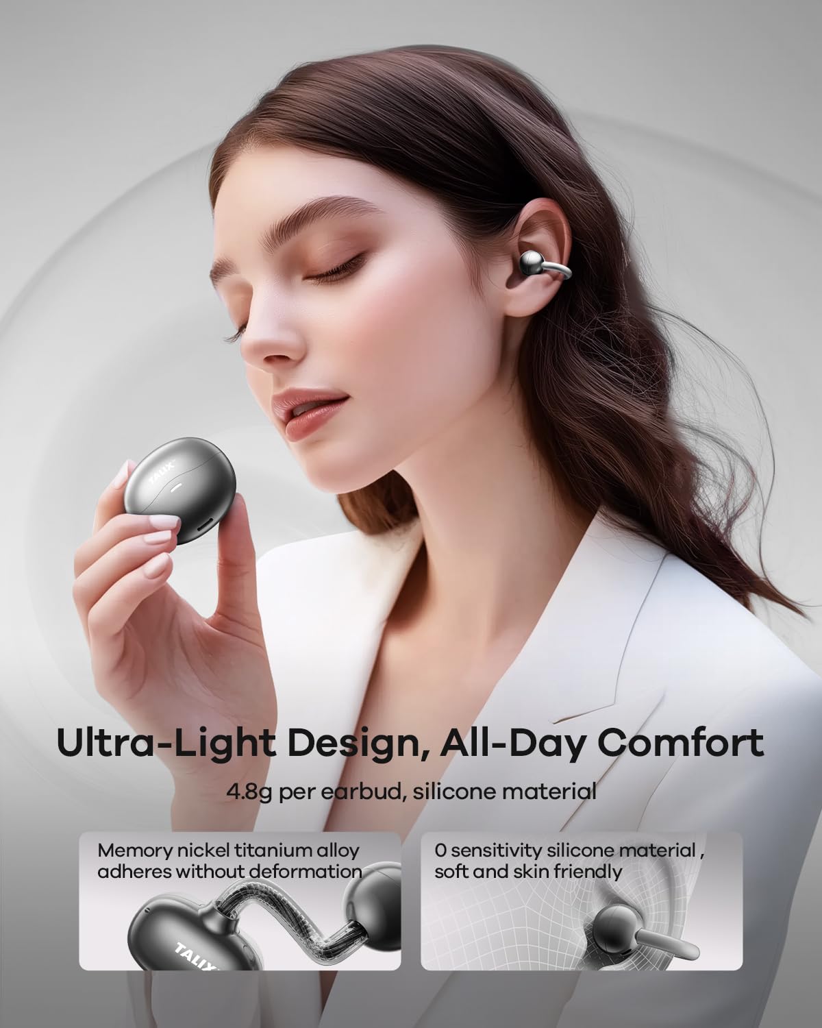 Condition photo showing New/Like New for talix ultra open ear earbuds x6, clip-on headphone with directional sound, ultra-light comfort fit,