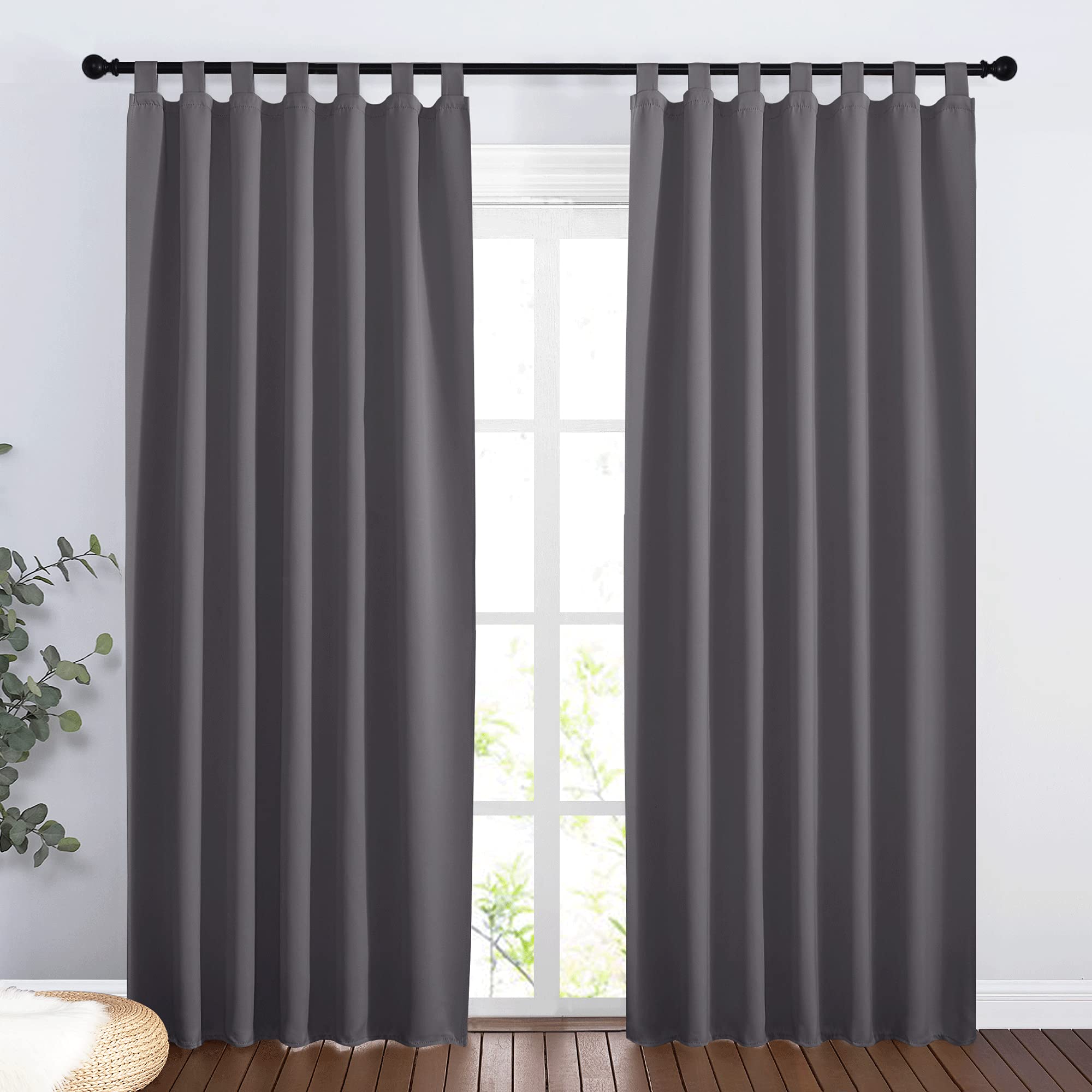 PONY DANCE Tab-Top Curtain Set of 2 – H 220 x W 140 cm Blackout Curtains Living Room Thermal Curtain Heat Protection Curtain Grey Opaque Children's Room Curtains with Loops, Grey