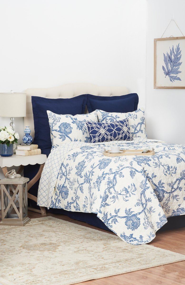 C&F Home Arcadia Floral Botanical Blue and White Jacobean Full/Queen Cotton 3 Piece Machine Washable Reversible Quilt Set Full/Queen 3 Piece Set Indigo