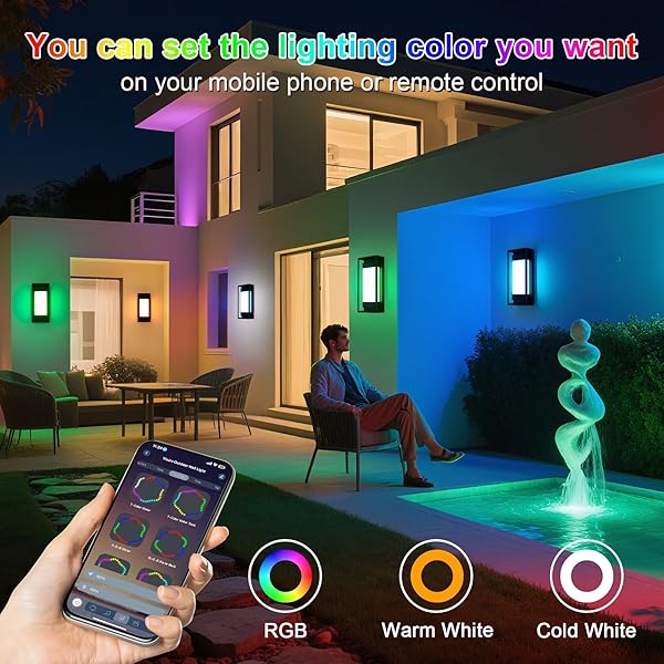 MODERN OUTDOOR WALL LIGHTS, 1500 LM SMART LED PORCH LIGHTS WITH 47 SCENE MODES, RGBCW EXTERIOR LIGHTING SCONCE, IP65 WATERPROOF, DIY COLOR EFFECTS FOR PATIO CHRISTMAS DECOR 1 PACK