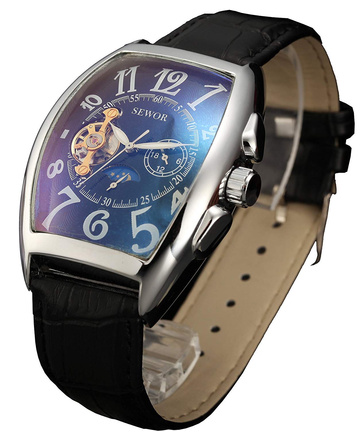 SEWOR Tourbillon Mens Moon Phase Automatic Mechanical Wrist Watch Leather Band Glass Coating Blue (Silver Black 2)