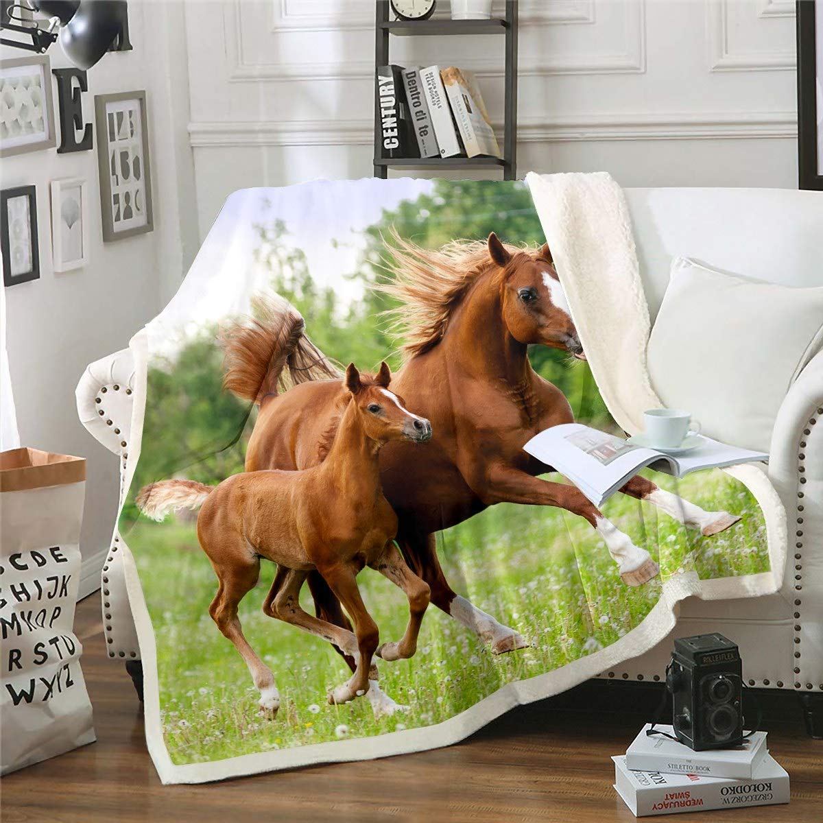 Loussiesd Girls Horse Galloping Horse Printed for Sofa Couch 3D Wild Animal Plush Throw Blanket Breathable Farmhouse Wildlife Style Room Decor Double 60"x79"
