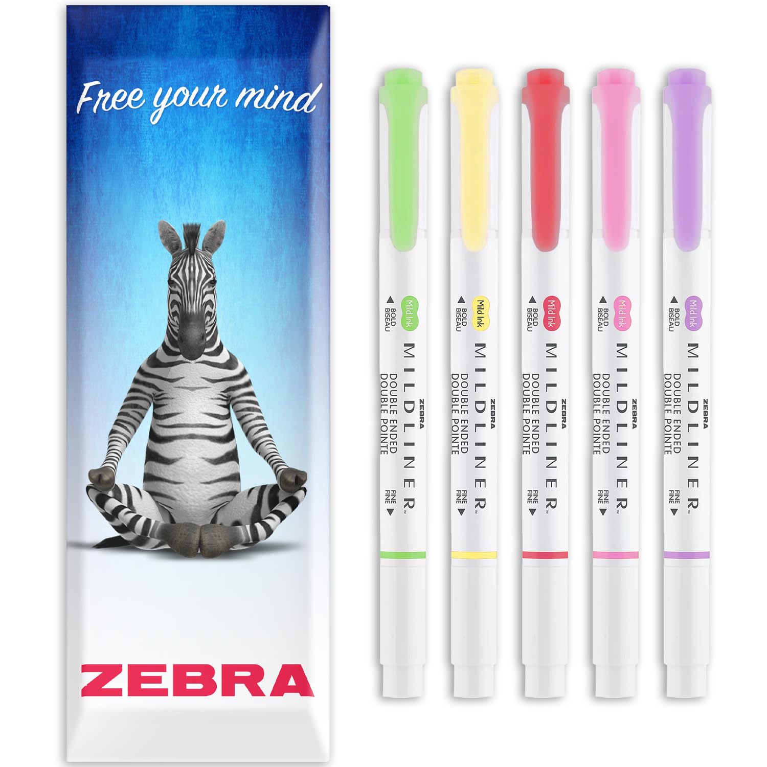 Zebra Mildliner Creative Marker Highlighter Pens - Double Ended - Chisel & Bullet Tip - In Envelope Gift Packaging - Set of 5 (Assorted)