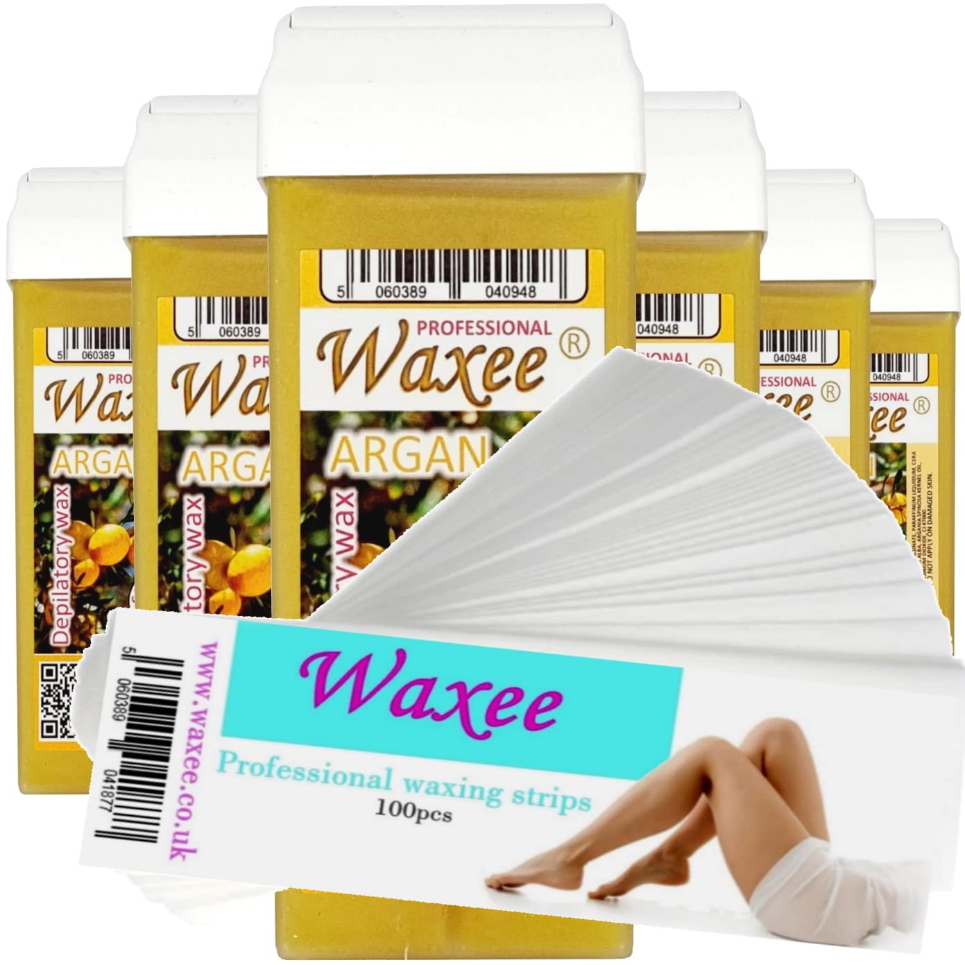 6x 100ml roll-on wax roller wax cartridge refill + 100 waxing strips from UK brand Waxee!- Argan.