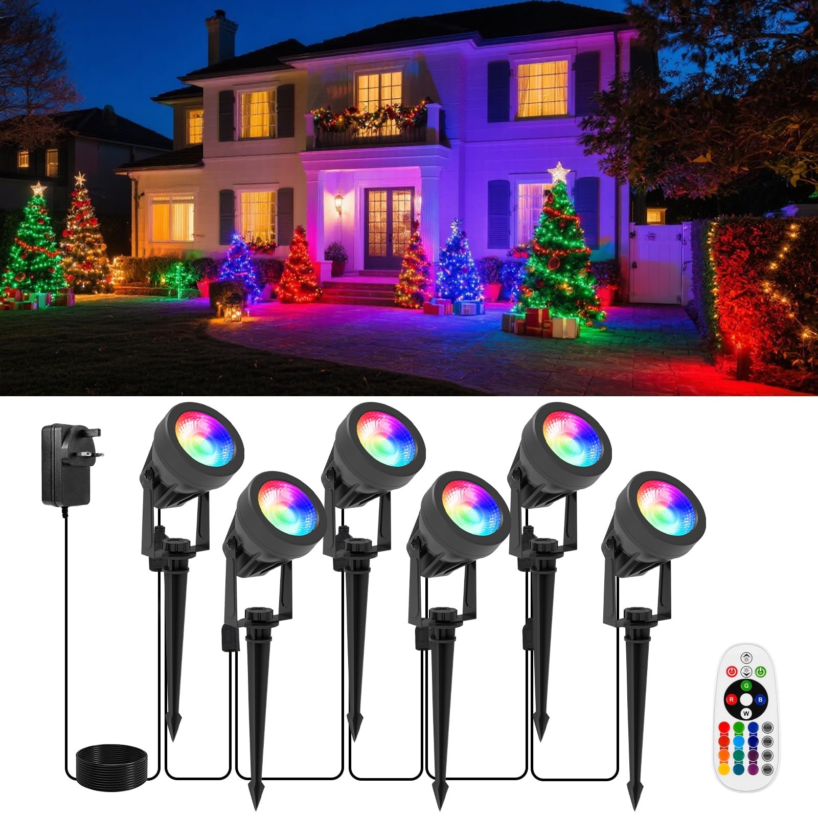 NATPOW RGB Spot Lights, RGB Garden Lights Mains Powered with Remote Control LED Outdoor Landscape Spotlights with Adapter, IP65 Waterproof 5V LED Outdoor Lights for Outdoor Decoration Lawn, Yard