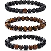 Crgwxzl Mens Beaded Bracelet Cross 8MM Natural Stone Bracelet Set Stretch Tiger Eye Lava Rock Bracelets for Men Black Obsidia Protection Crystal Bracelets for Men Father Brother Jewelry Gifts