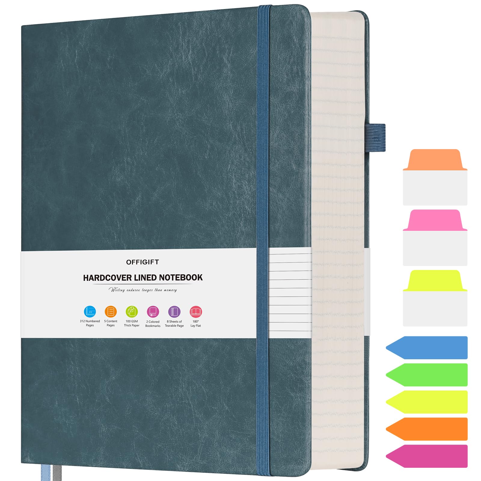 OFFIGIFT College Ruled Notebook, Large A4 Hardcover Leather Journal, 312 Numbered Pages Writing Journal, 100gsm No Bleed Paper, Lined Journal Notebook for Women Men School Office, Grey Blue