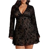 WDIRARA Women's Plus Size Floral Mini Dress Mesh Long Sleeve V Neck Goth A Line Dresses