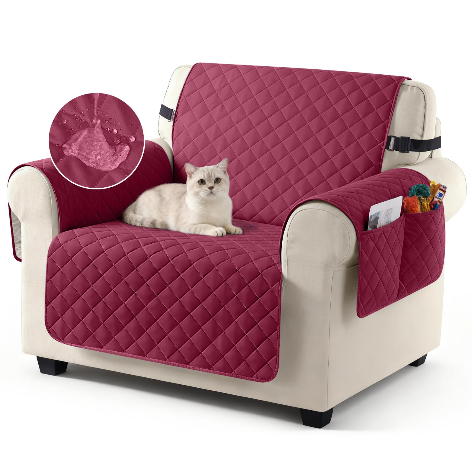 TAOCOCO Sofa Covers 100% Waterproof Sofa Slipcovers 1 Seater,Settee Covers with Storage Pockets,Non Slip Couch Covers,Washable Sofa Protector for Kids/Dogs/Pets(Wine Red)