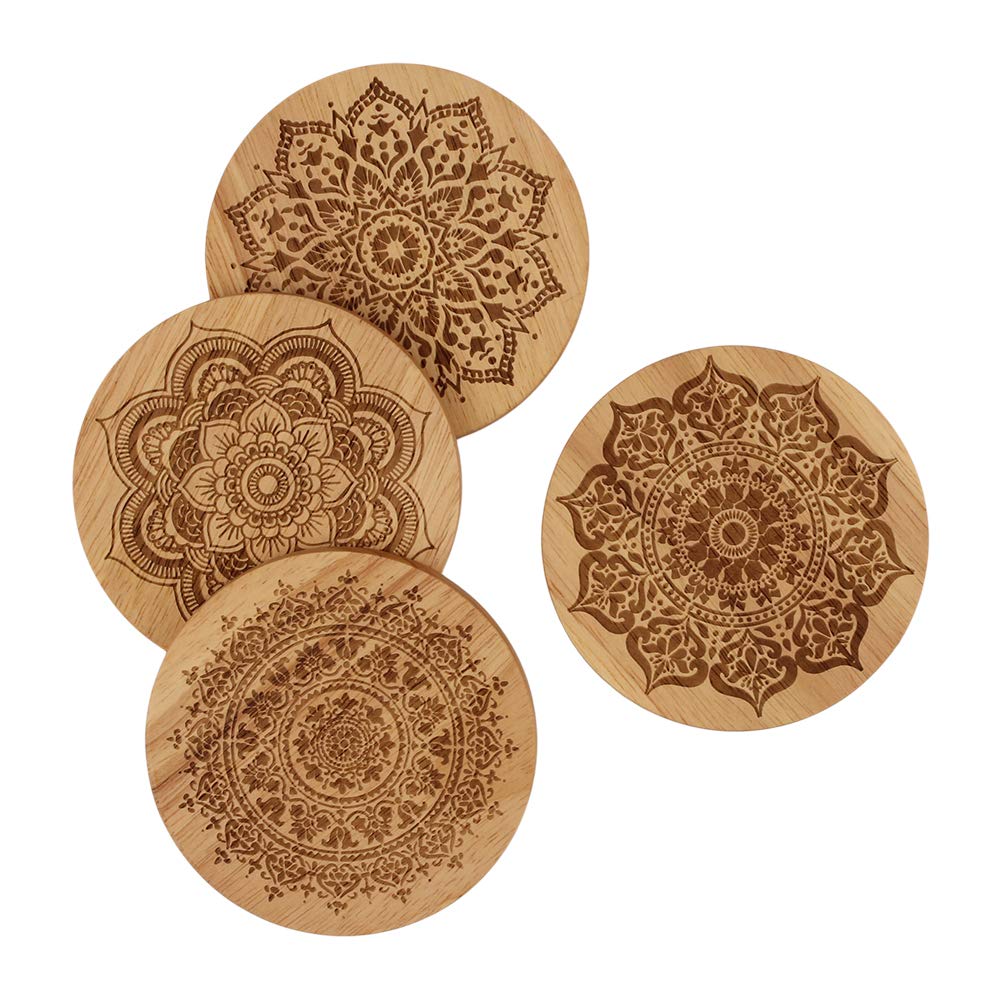 4 Piece Mandala Coasters Wood Coasters for Drinks Mandala Coaster Set