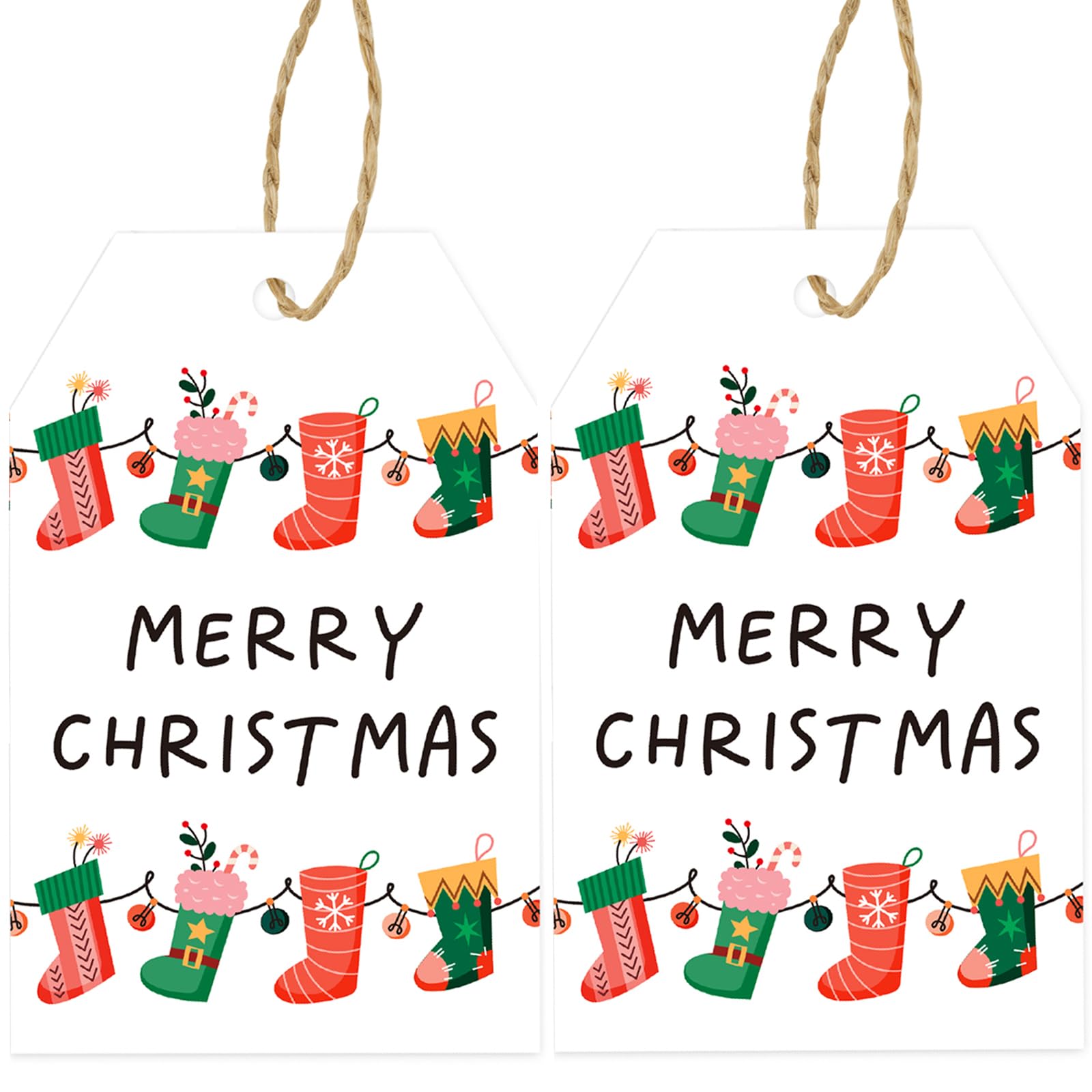G2PLUS Merry Christmas Tags for Presents, 50PCS White Christmas Tags with String, 8.5x5.5 CM Xmas Wrapping Labels with Christmas Stockings for Kid's Presents Wrapping Decoration
