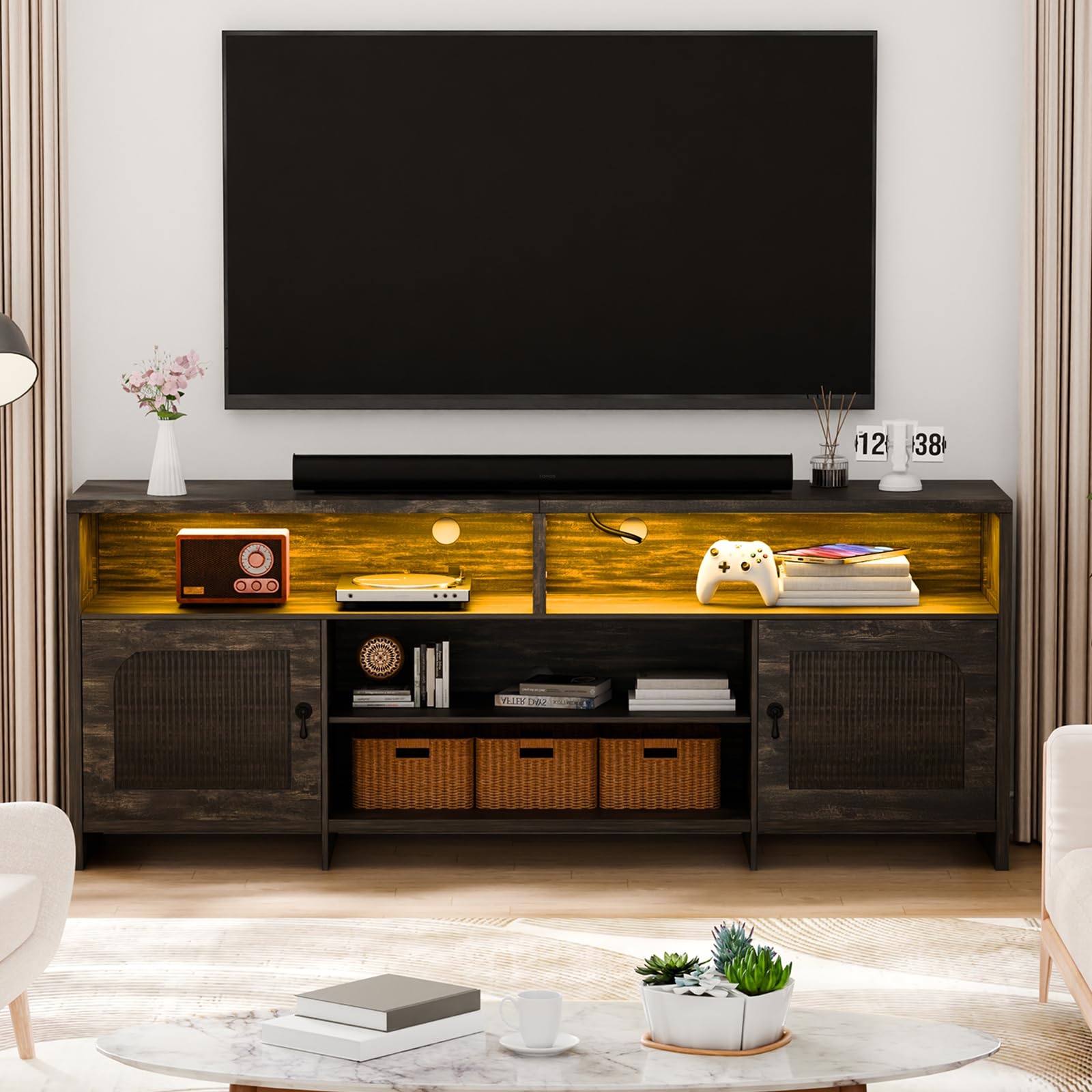 Photo 1 of **USED**
JanflyHome Fluted TV Stands for 70/75/80/85 Inch TV, 70" Mid-Century Modern Entertainment Center with LED Lights and Open Storage Shelves, Curved TV Media Console for Living Room, Dark Rustic Oak
