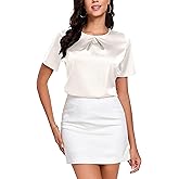 Wantschun Womens Silk Satin Shirt Casual Short Sleeve Blouse Basic Round Neck Pleated Work Tops