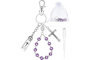 Blushtier Holy Water Bottle Keychain Gift with Rosary Bead Crucifix Eyedropper Organza Bag, Catholic Rosary for Xmas Party(Purple,Classic)