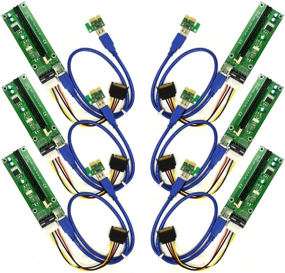 PCI-E 1x to 16x Powered Riser Adapter Card w/ 60cm USB 3.0 Extension Cable & MOLEX to SATA Power Cable - GPU Riser Extender Cable - Ethereum Mining ETH (6 Pack (007))