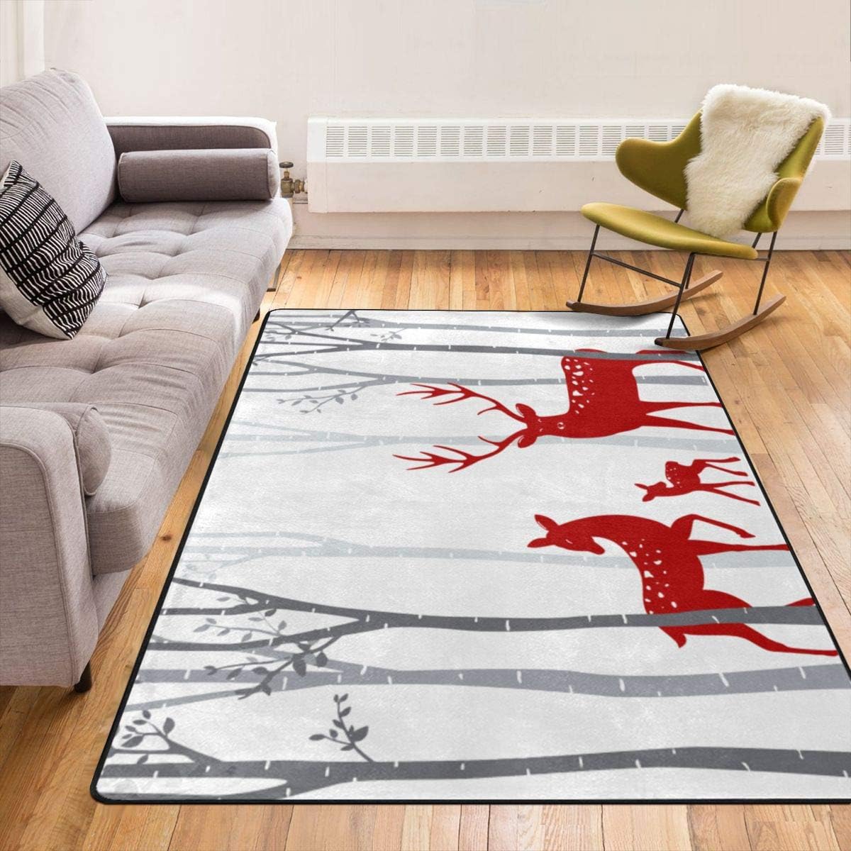 Red Deer with Birch Tree Area Rug Bedroom Carpet