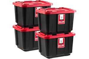 IRIS OHYAMA IRIS USA 12 Gallon Heavy Duty Truck Bed Toolbox Storage Tote Bins with Lids, 4 Pack - Made in USA, Tough Snap On Lockable Lid Stackable Industrial Rugged Tubs, Garage Organization Box - Red