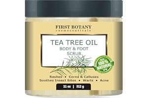 First Botany Cosmeceuticals, 100% Natural Tea Tree Oil Body & Foot Scrub with Salt - Best for Acne, Dandruff and Warts, Helps with Corns, Calluses, Athlete foot, Jock Itch & Body Odor
