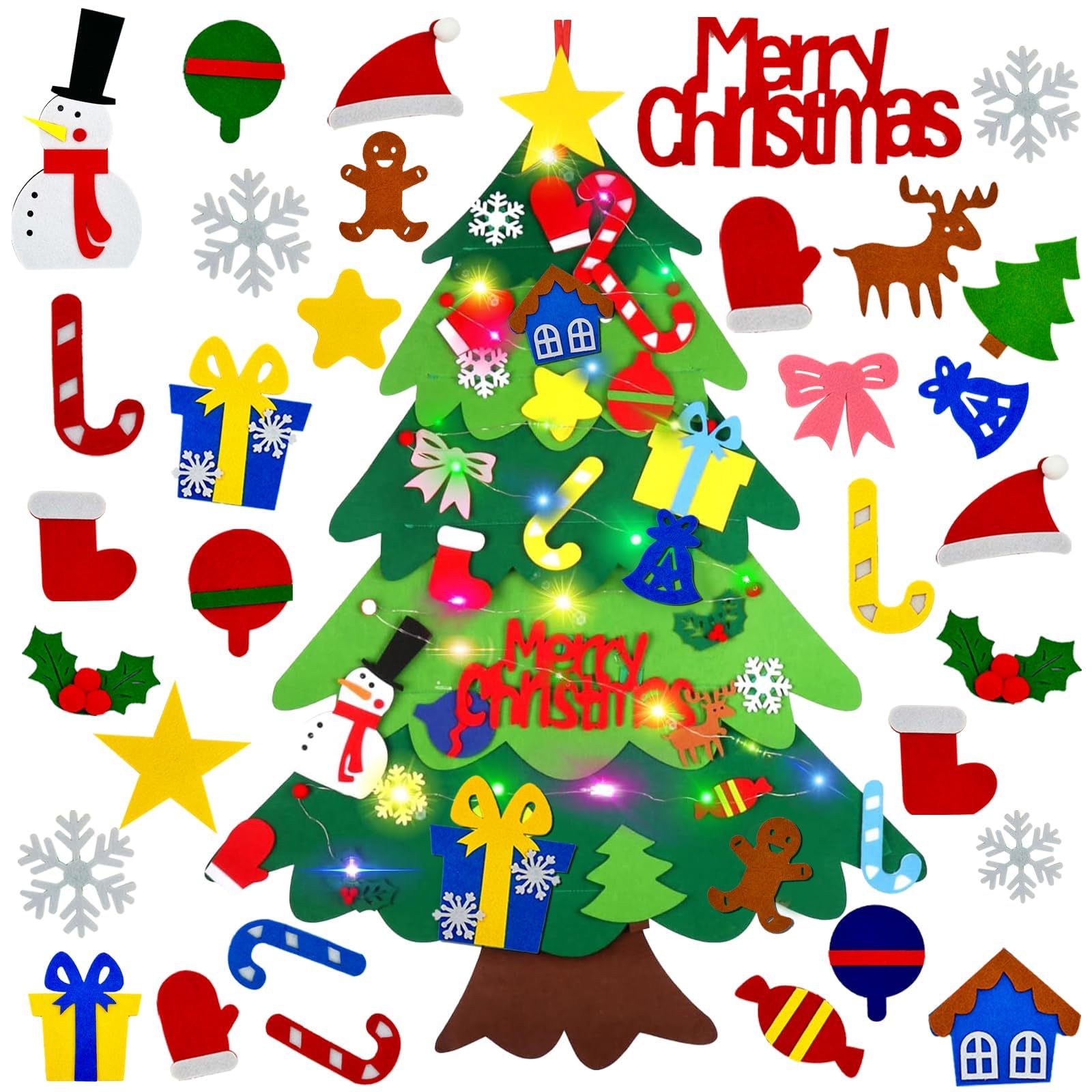 DONGTATA DIY Felt Christmas Tree Decorations for Kids, 38.5in Kids DIY Felt Xmas Tree Set with 32Pcs Ornaments Kit