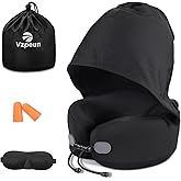 Vzpeun Neck Pillow for Travel - Hooded Memory Foam Plane Pillow for Airplane, Office, Cars Sleeping, Long Flight Must Haves, Portable Road Trip Essentials for Adults Black