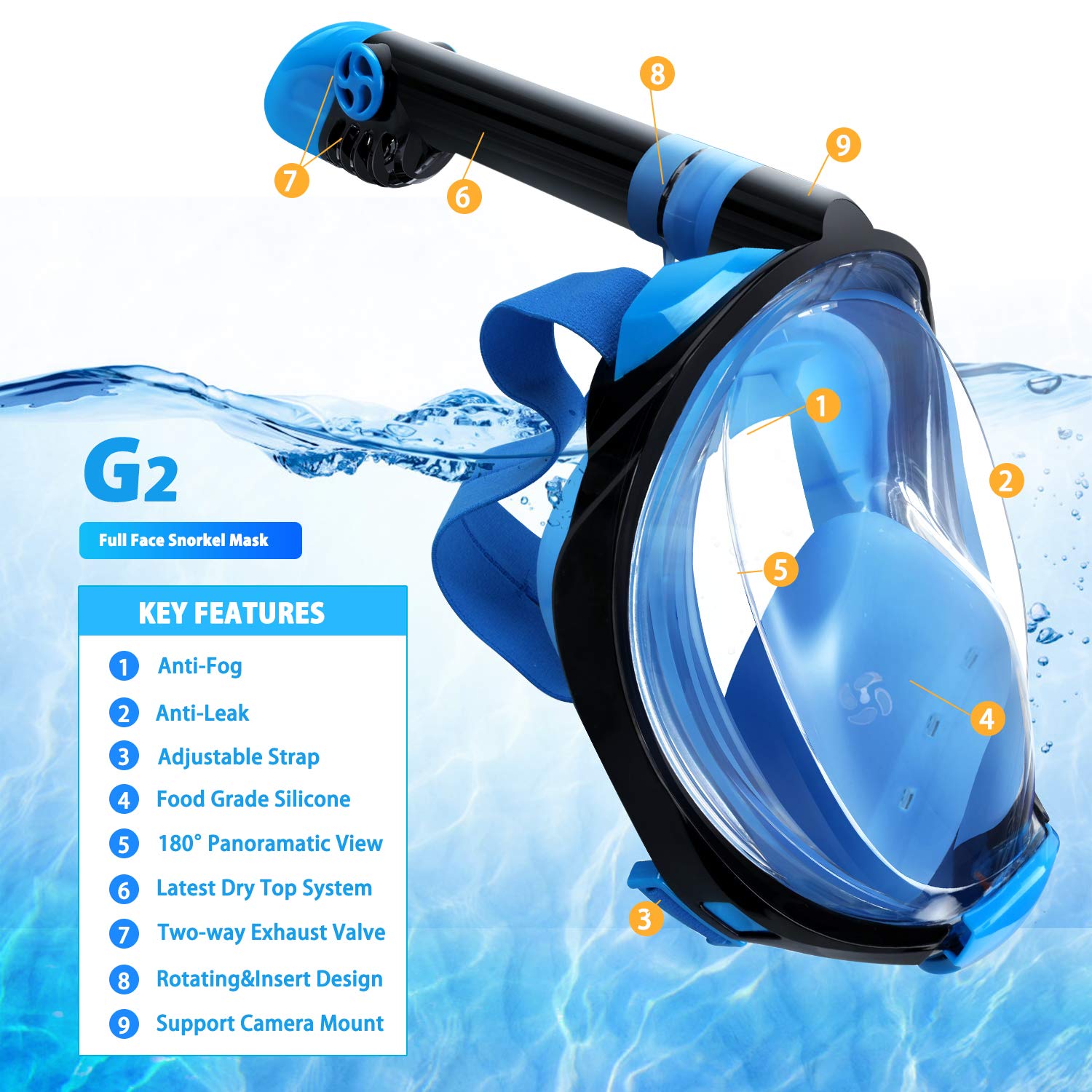 Greatever G2 Full Face Snorkel Mask with Latest Dry Top System,Foldable 180 Degree Panoramic