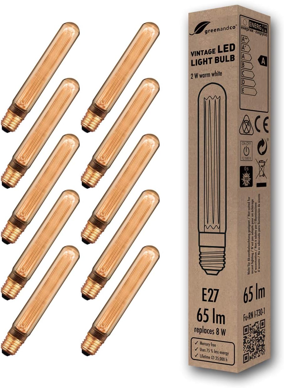 greenandco 10x Decorative LED Vintage Light Bulb, E27 T30 Amber, 10 Count (Pack of 1)