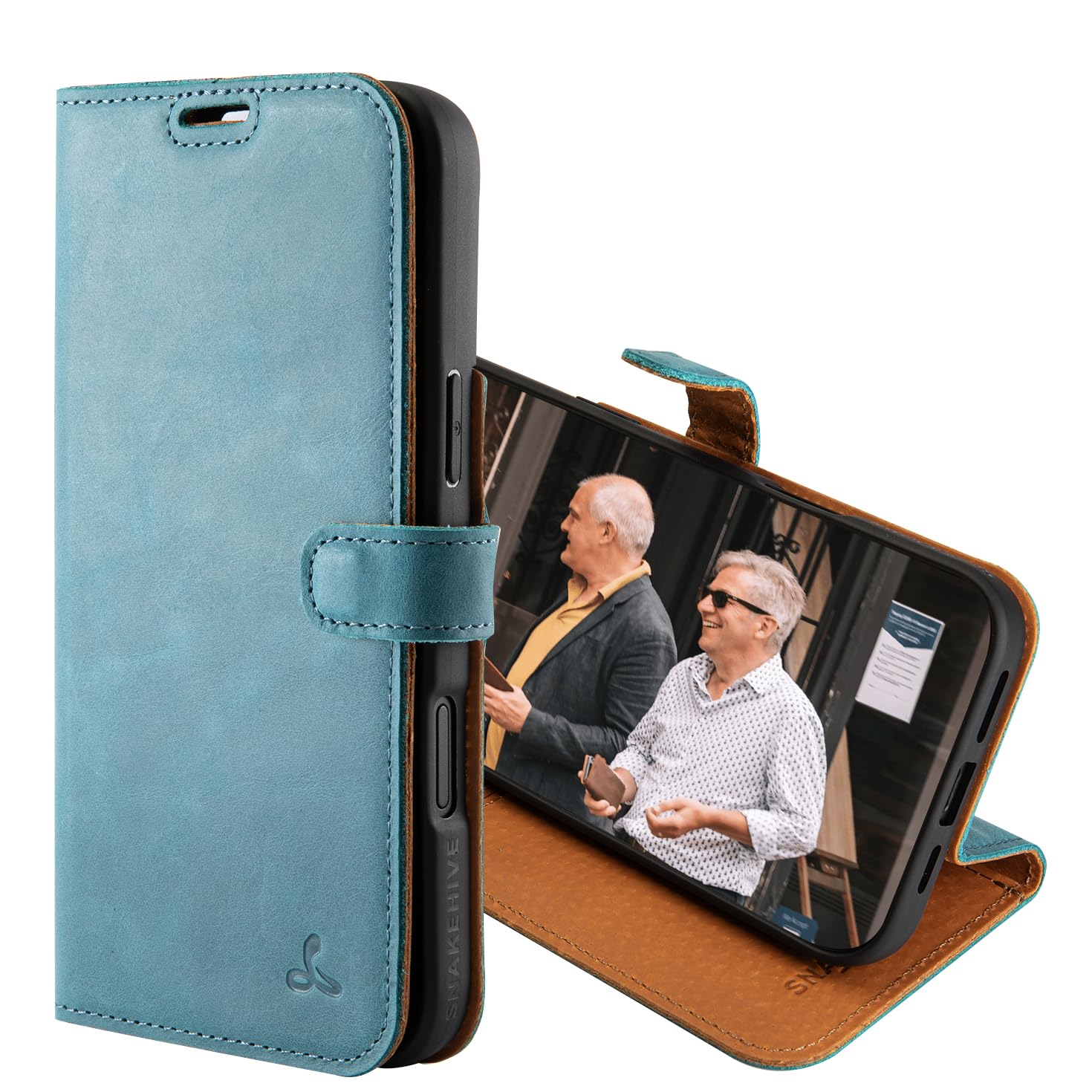 Snakehive Leather Wallet for iPhone 16 Plus - Real Leather Wallet Phone Case with Viewing Stand and Card Holder - Flip Folio Cover with Card Slots (Teal)