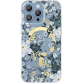 SCORPIFY for iPhone 16 Pro Case [Compatible with MagSafe] with Blue Nemophila Floral Design, Cute Clear Flower Magnetic Phone Cover for Women Girls, [Non Yellowing] Slim Bumper with Gold Accents