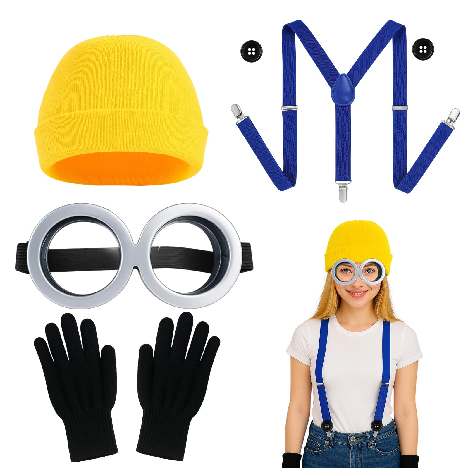 ZcrPrn 5 Pcs Yellow Costume Accessories, Fancy Dress Set with Steampunk Goggles, Beanie, Gloves, Buttons and Straps, Yellow Costumes are Essential Accessories Halloween Cosplay Carnival