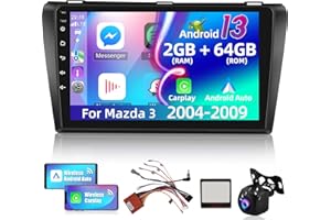 NHOPEEW [2+64GB] Android 13 Car Radio Stereo for Mazda 3 2004-2009 - 9 inch HD Touch Screen EQ Audio - Wireless Carplay & Android Auto, WiFi, GPS, BT, Mirror Link, FM, SWC + AHD Backup Camera + Canbus +Mic