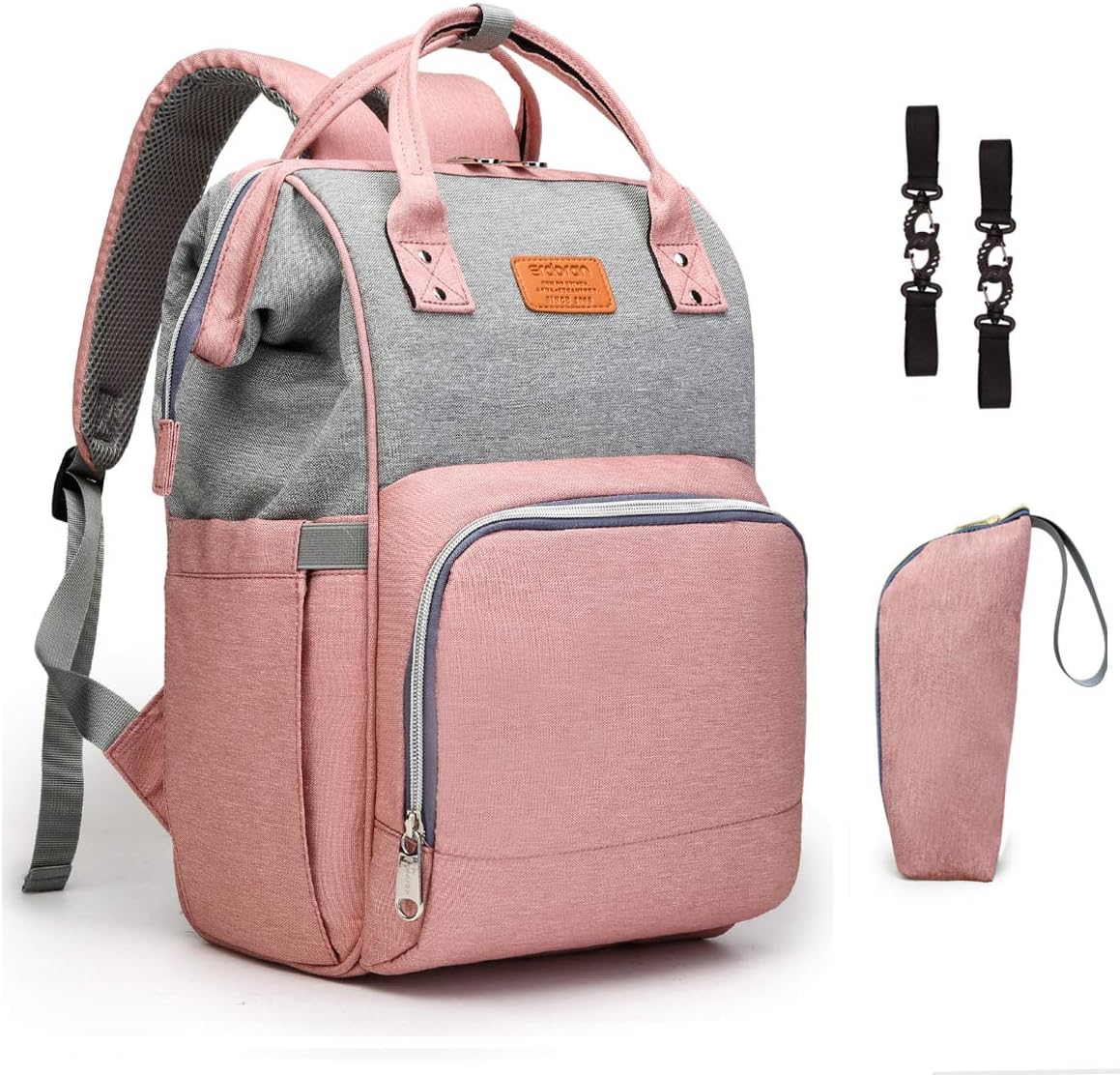Diaper Bag Backpack Erdoran Multifunction Travel Back Pack Maternity Baby Changing Bags, Large Capacity, Waterproof and Stylish, Grey&Pink