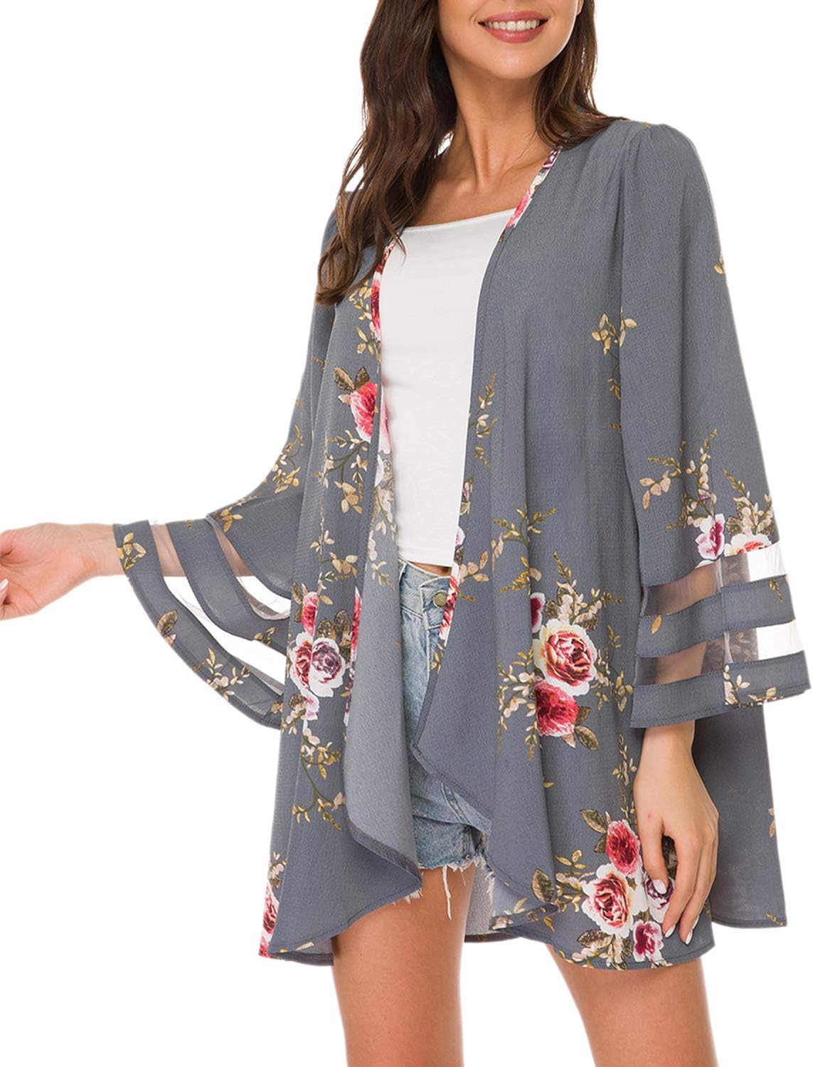 Women Mesh Panel 3/4 Bell Sleeve Floral Chiffon Casual Loose Kimono Cardigan Capes