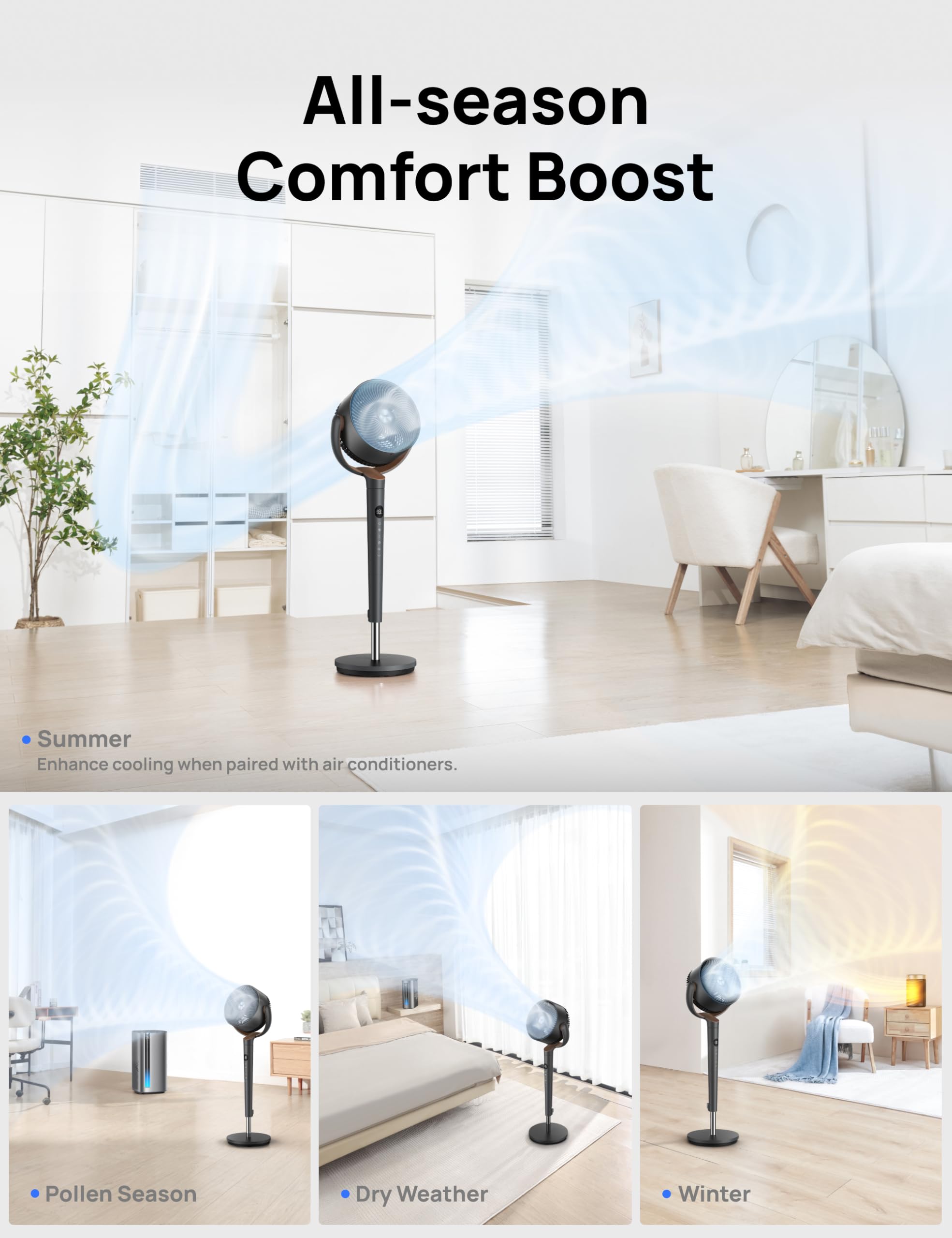 Dreo Fan for Bedroom, 120° Oscillating Standing Fans, Quiet Floor Fan with DC Motor, 100ft Pedestal Fans for Room, 9 Speeds, 4 modes, 20dB, 120° Manual Vertical, 37-42