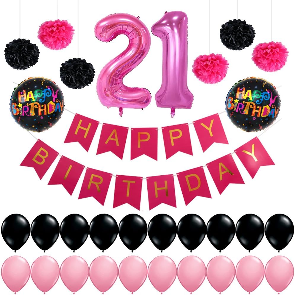 Girl 21st Birthday Decorations Pack 40inch Pink Number 21 Balloon Happy Birthday Banner Flag Garland 18''Mylar Balloons Paper Flower Pom Poms Latex Balloons for Girl Birthday Party Supplies (Pink)