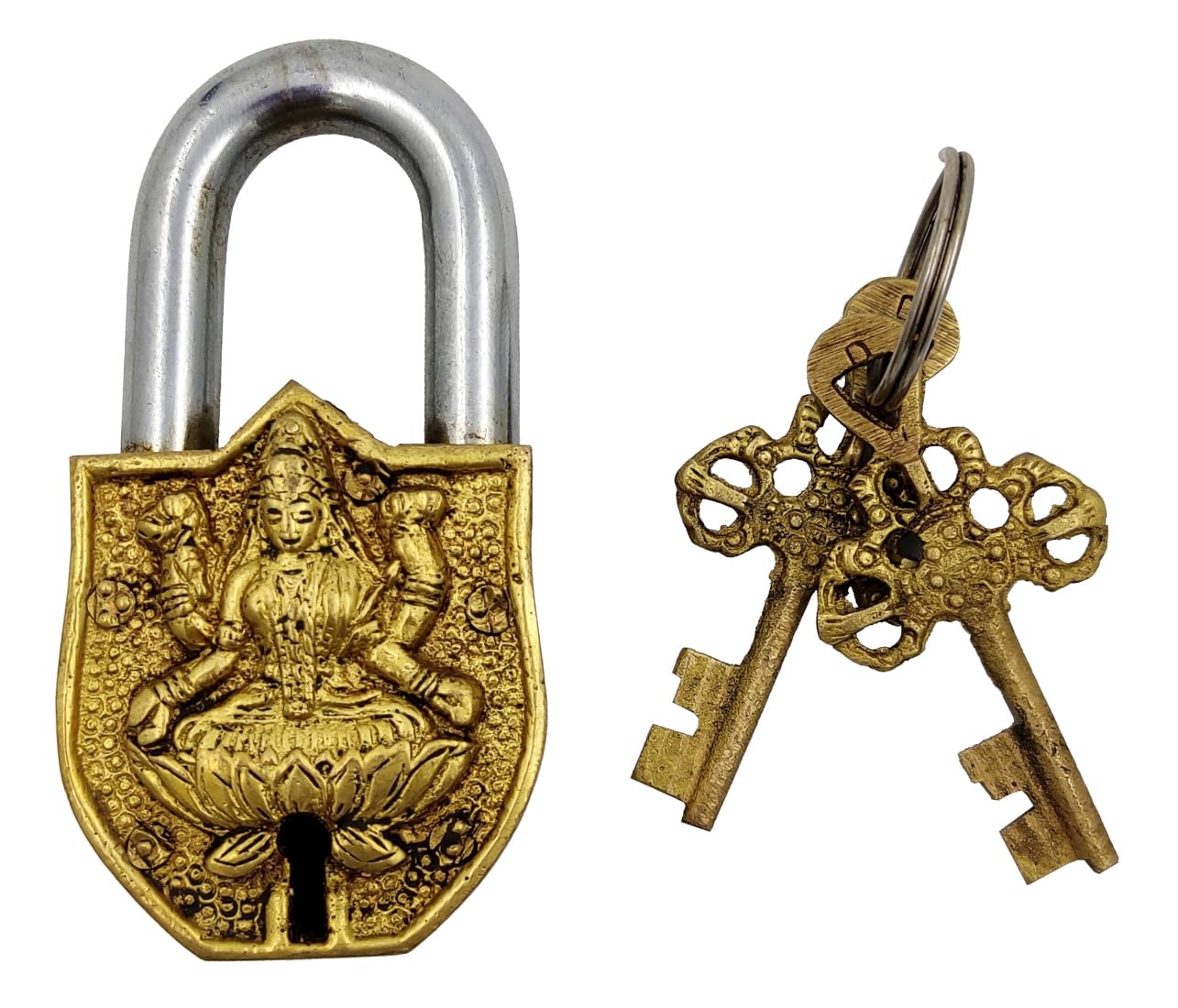 Purpledip Handmade Brass Antique Padlock with Maa Laxmi (Hindu Goddess of Wealth) (10007)