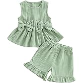 Kupretty Toddler Baby Girl Clothes Summer Linen Outfit Bows Ruffle Vest Shirts + Ruffled Short Set 12 18 24 Month 2T 3T