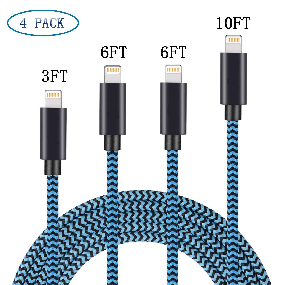 Yostyle Phone Charger Cable,4Pack(3/6/6/10FT) Extra Long Nylon Braided USB Charging & Sync Cord Compatible with Phone Charger X XS Max XR/8/8 Plus/7 Plus 6s/6s Plus/6/6 Plus/5s/5/SE, Pad
