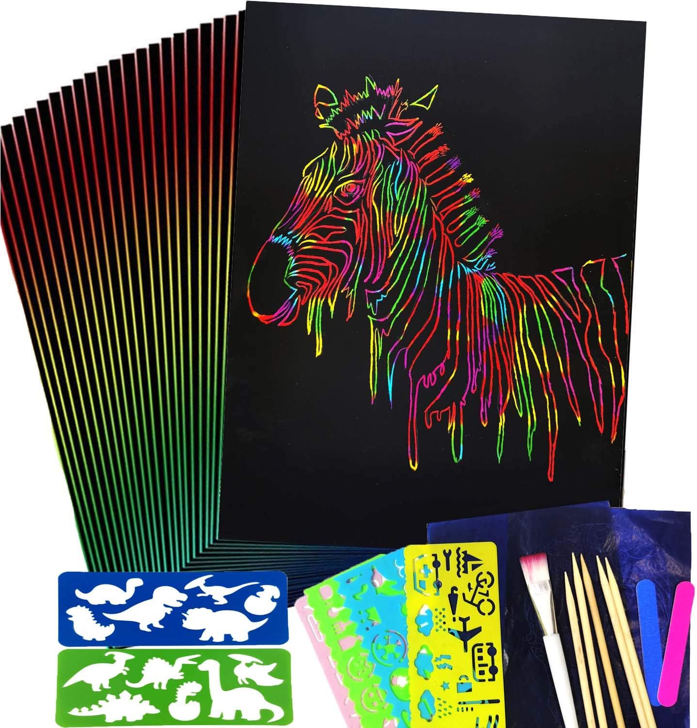 Scratch Paper Art Set, [50 Sheets + 6 Stencils] Rainbow Magic Scratch